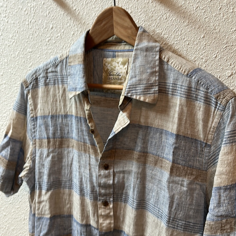 Tasso Elba Blue and Beige Striped Casual Button Down Shirt